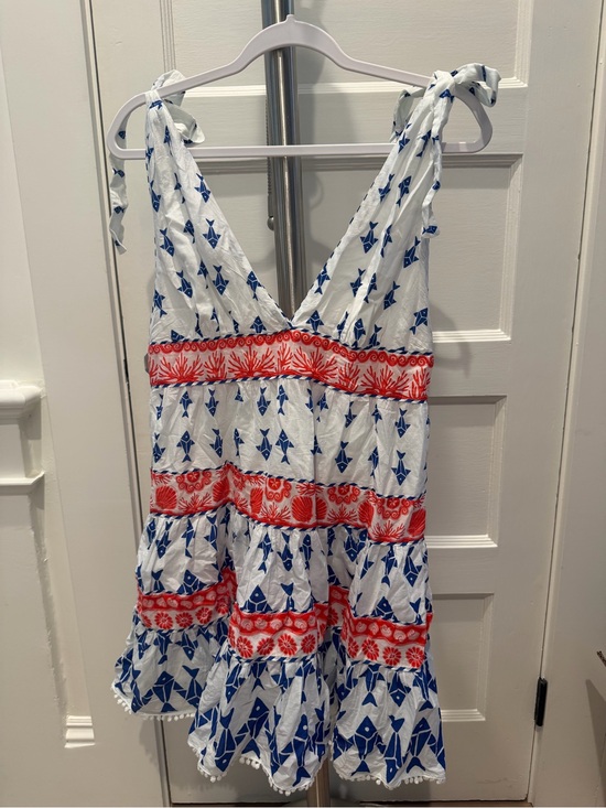 FARM Rio Dresses & Skirts - FARM Rio White Mini Dress with Blue Motif & Red Coral Bands